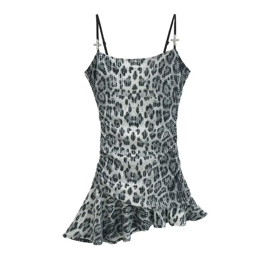 Pphmm outfit inspo Summer New Leopard Print Hot Girl Sexy Sequined Hip Irregular Hem Sling Dress