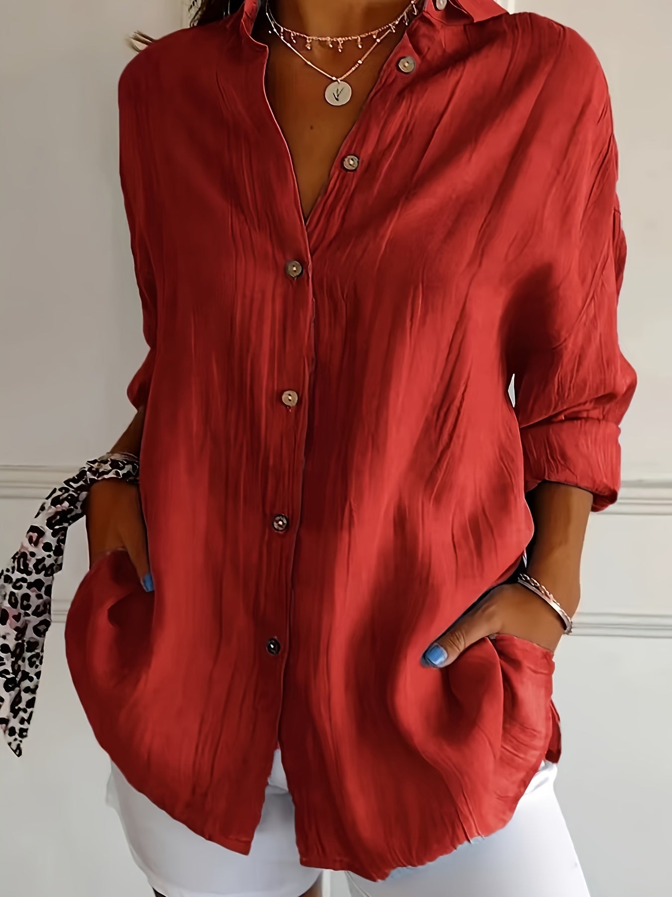 Women's Casual Solid Color Button Up Shirt - Long Sleeve, Loose Collared, Perfect for Spring and Fall, Relaxed Fit, Easy to Wear, Versatile and Timeless