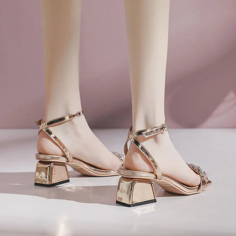 Sandals For Women Rhinestones Office Work With Medium Heels Square Woman Shoes One Word Diamond Luxury Premium Offer