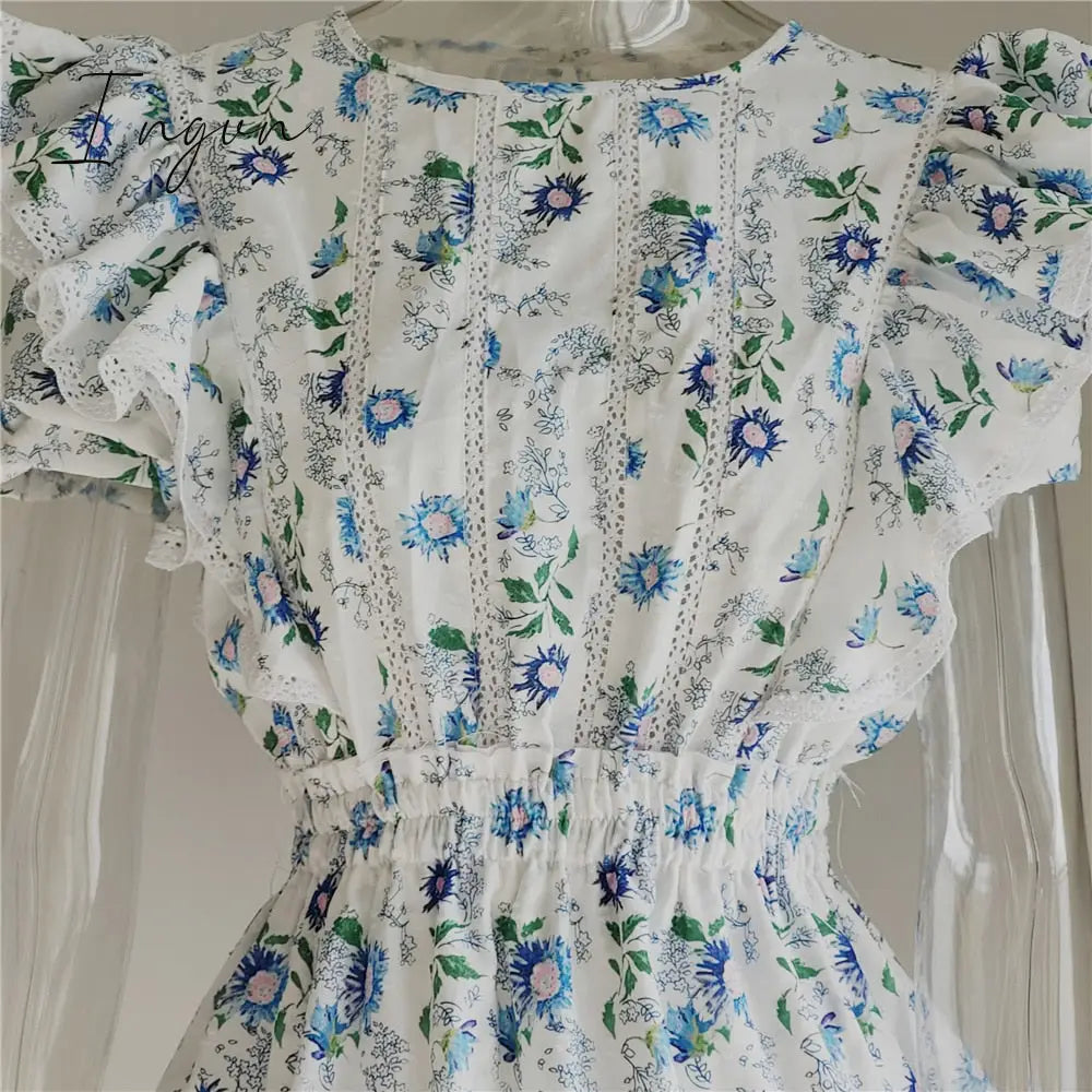Ingvn - New Arrival Summer Short Sleeve Natasha Mini Dress Women Ruffled A-line Dress Blue Print