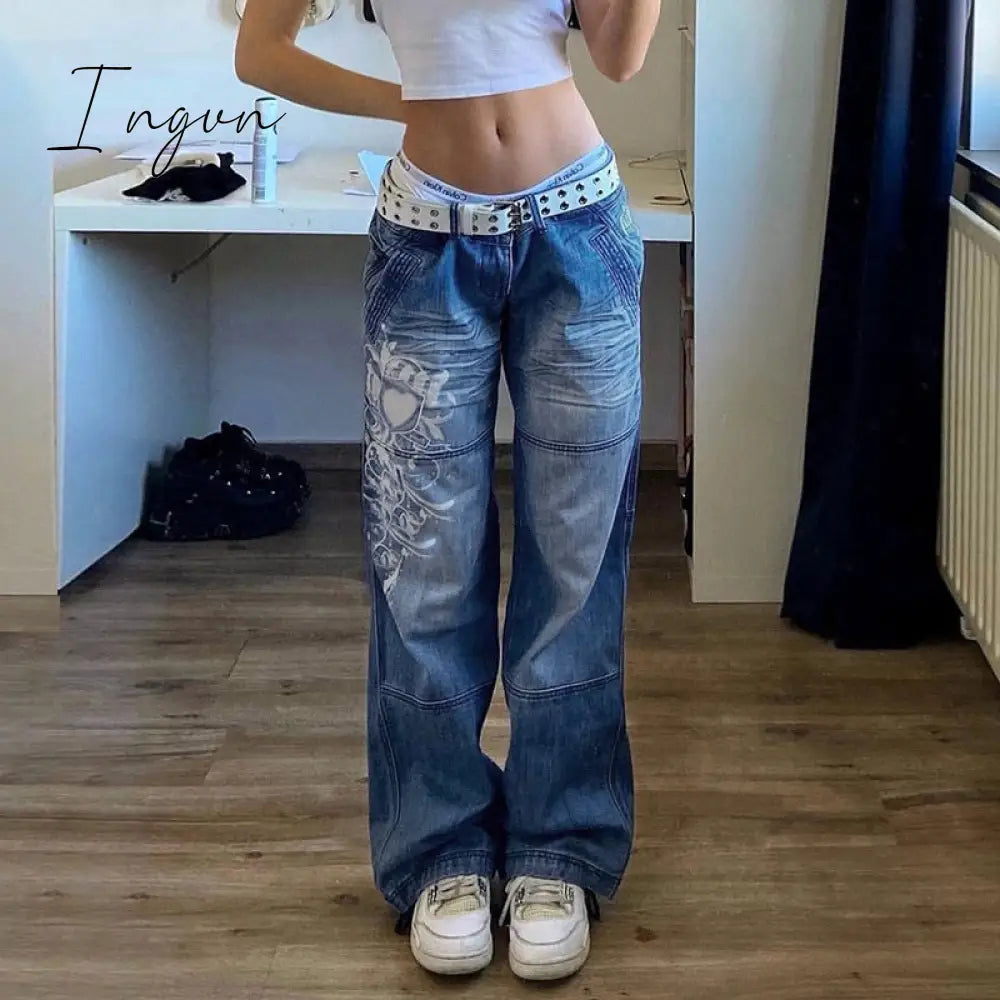 Ingvn - Spring Y2K European and American street simple printing low-waist button jeans women casual loose and thin wide-leg straight-leg pants