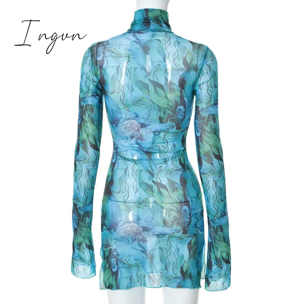 Ingvn - Long Sleeve Printed Tie Dye Bodycon Mini Dress Women Autumn Elegant Party Evening Sexy Fashion Casual Slim Vacation Dresses