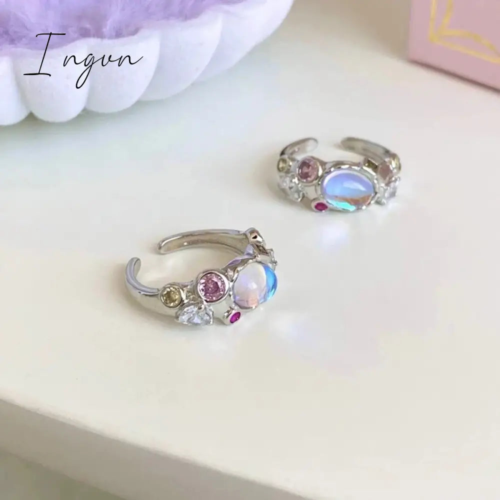 Korean Fashion Delicate Oval Opal Open Adjustable Rings For Women Girls Cute Pink Crystal Finger Ring Aesthetic Jewelry Gifts