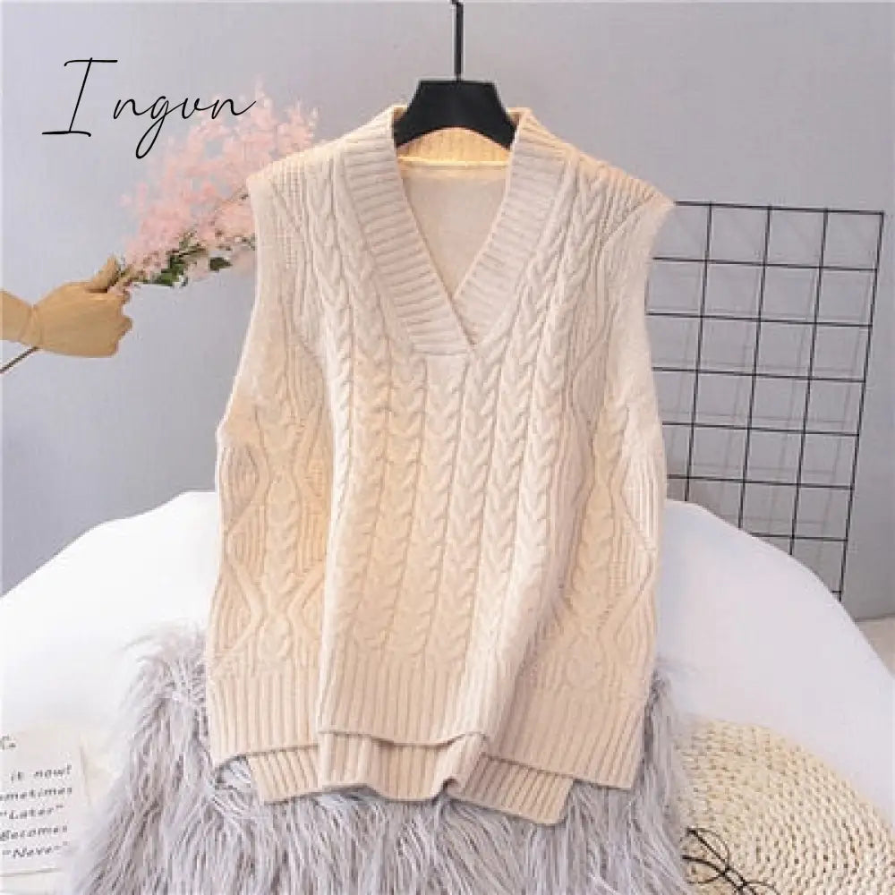 Ingvn - Autumn Women's Sweater Vest V-neck Sleeveless Irregular Casual Loose Knitted Pullover Tops Female Outerwear