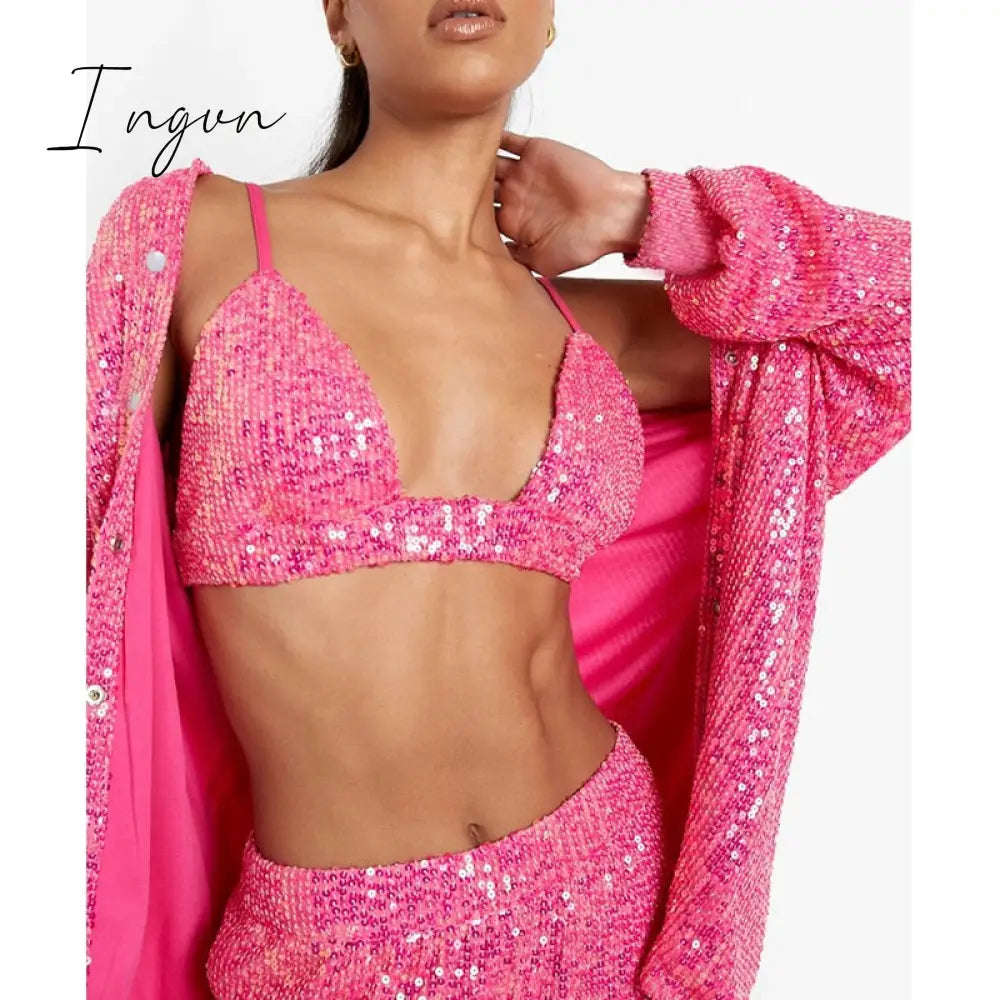 Ingvn - Sparkly Two-piece Set Party Outfits For Womens Sequin Top Blouse Shirt And Pants Suit Female Luxury Evening Tracksuit New