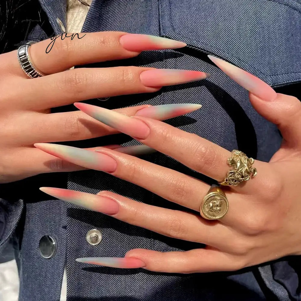24Pcs False Nails With Glue Almond Pink Butterfly Design Detachable Rhinestones Acrylic Fake Nails long stiletto Press On Nails