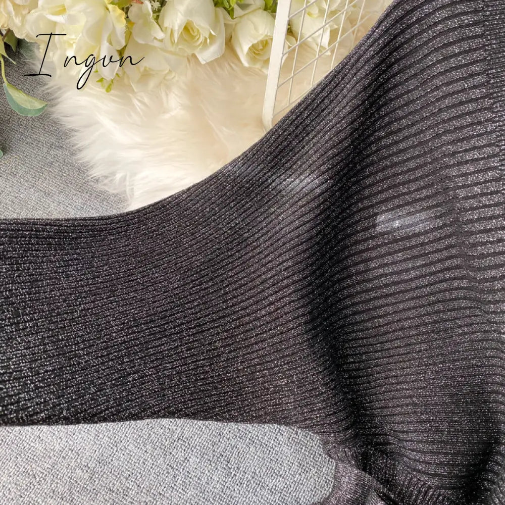 Ingvn - Women Shiny Knitted Dress Sexy V Neck Puff Sleeve Elastic Sheath Knitting Dress Autumn Solid Bow Sashes Pencil Dress