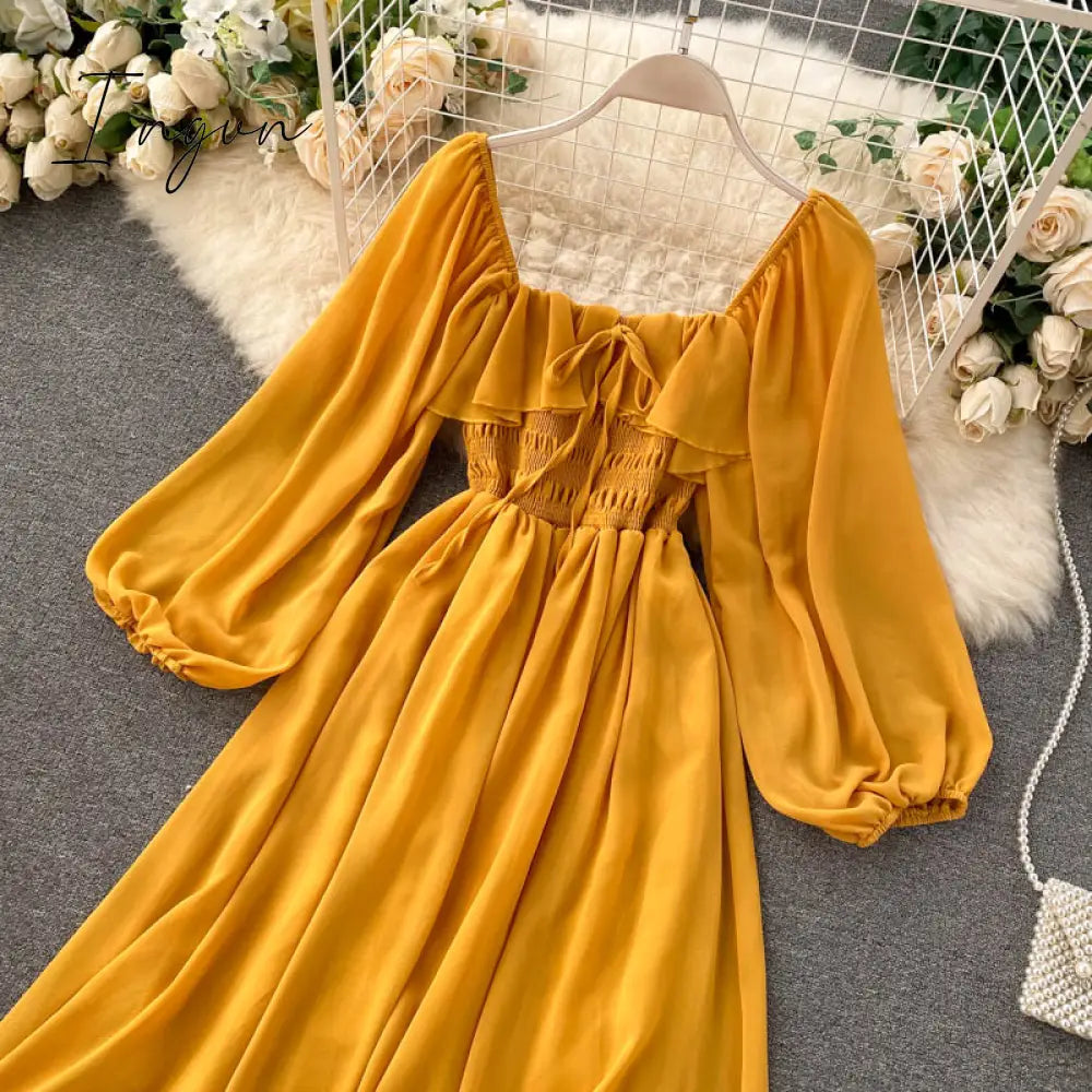 Ingvn - Woherb Chic Elegant Square Collar Maxi Dress Women Solid Chiffon Puff Sleeve Dresses Korean Fashion Vintage Ruffle Vestidos