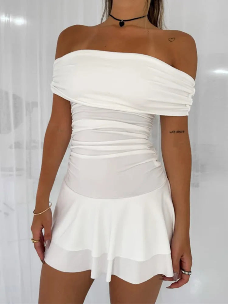Off-shoulder Strapless Sexy Mini Dress For Women Robe Elegant Sleeveless Backless Ruched Skinny Club Party Dress