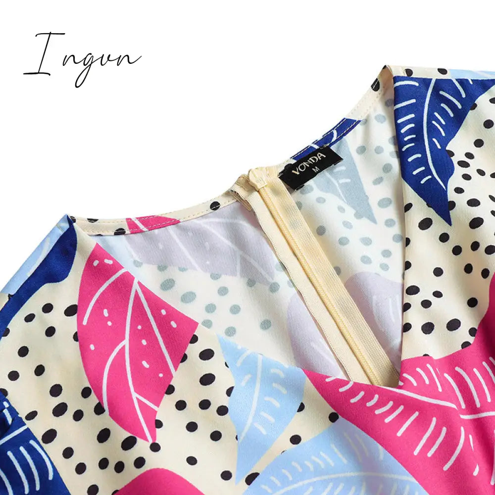 Ingvn - Summer Party Long Maxi Dress Women Long Sleeve Slit Vintage Printed Pleated Bohemian Beach Sundress Casual Vestido