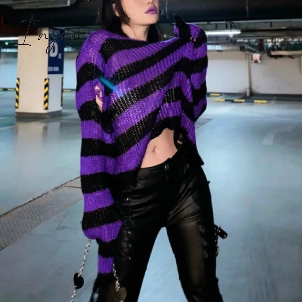 Ingvn - Punk Gothic Long Unisex Sweater  Summer Women Striped Cool Hollow Out Hole Broken Jumper Loose Rock Thin Dark Streetwear Top