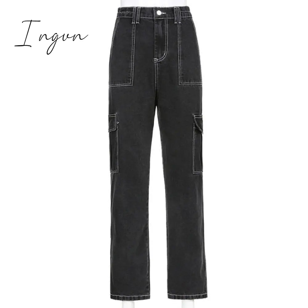 Ingvn - Weekeep Pockets Patchwork Baggy Jeans Fashion Streetwear 100% Cotton Women Denim Trouser Loose Cargo Pants Korean Jeans Harajuku