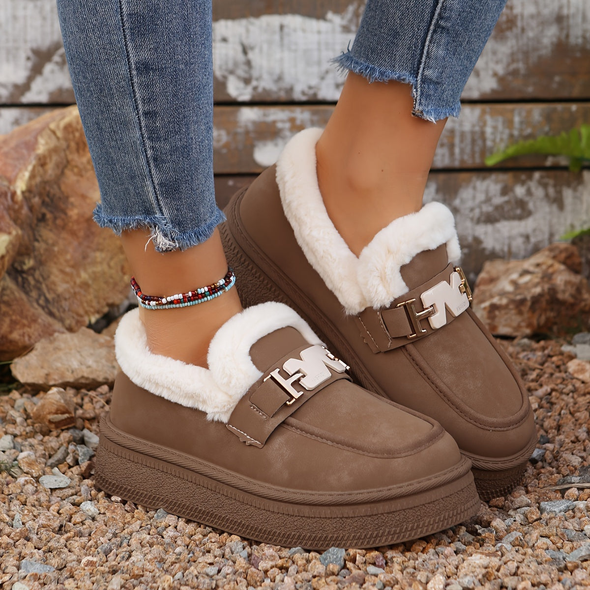 Cozy & Stylish Women's Winter Snow Boots - Plush Lined, Slip-On Loafers with Metal Buckle Detail, Warm Outdoor Footwear