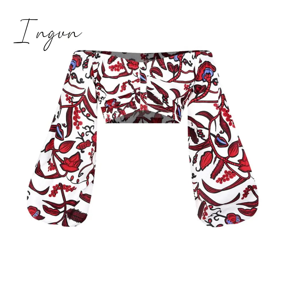 Ingvn - Elegant Women Two Piece Set Dress Sexy Slash-neck Sleeveless Blouse Top +High Slit Skirt Vintage Africa National Print Lady Suit