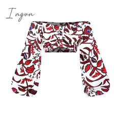 Ingvn - Elegant Women Two Piece Set Dress Sexy Slash-neck Sleeveless Blouse Top +High Slit Skirt Vintage Africa National Print Lady Suit