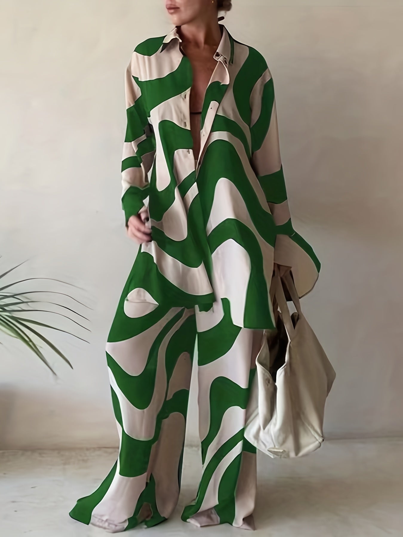 Plus Size Casual Outfits Two Piece Set, Women's Plus Abstract Stripe Print Button Up Long Sleeve Lapel Collar Shirt Top & High Rise Wide Leg Pant Outfits Two Piece Set