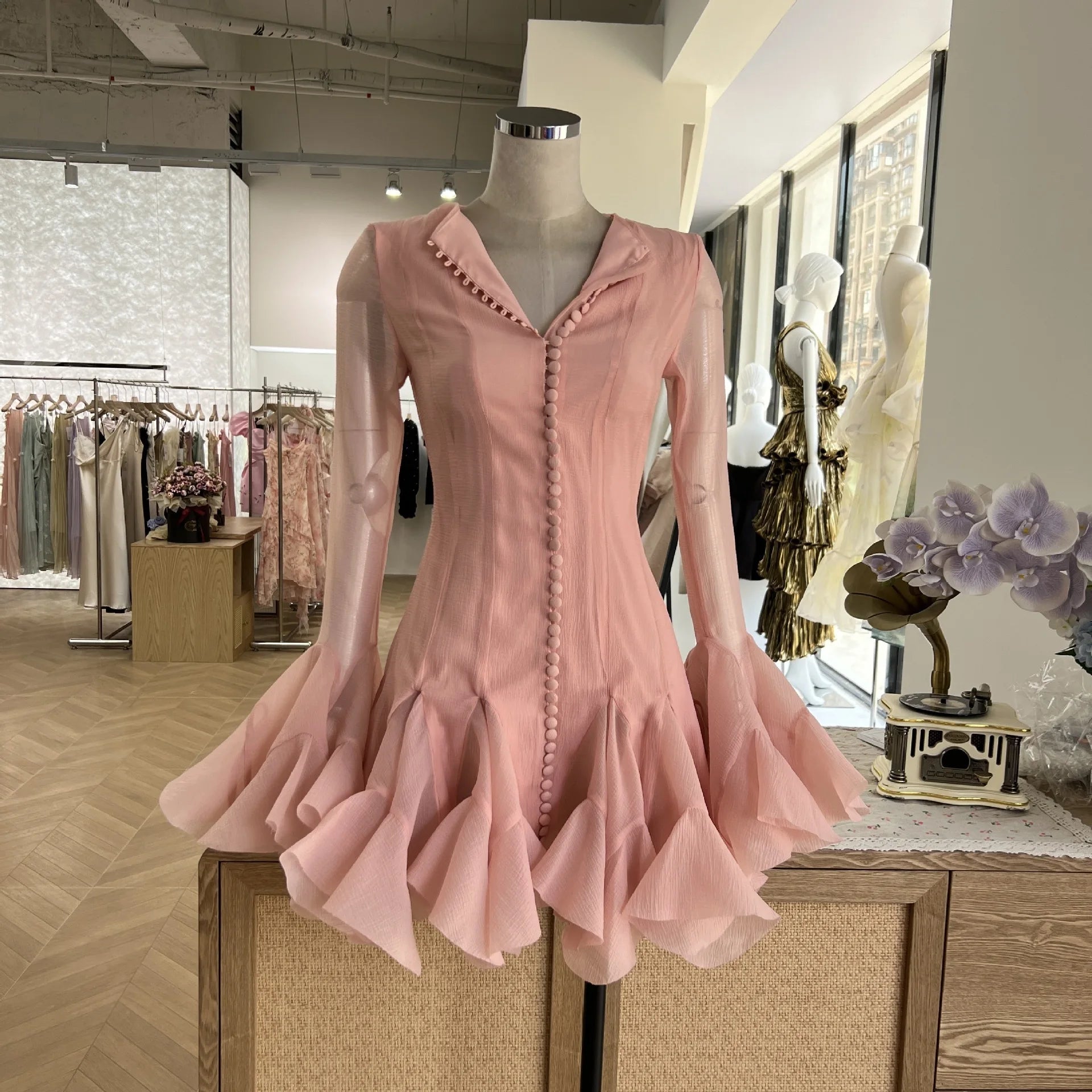 Luxury Long Sleeve Ruffles Short Dresses Women's Summer Holiday Single Breasted Gauze Prom Evening Party Cake Dress Lady Quality