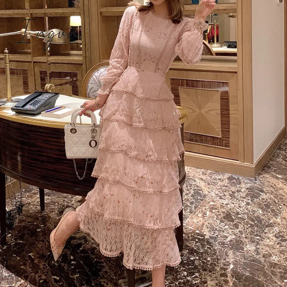 Ingvn - Pink Lace Embroidery Maxi Dress Female spring Winter Full sleeve high waist Ruffle elegant Long party dresses Woman