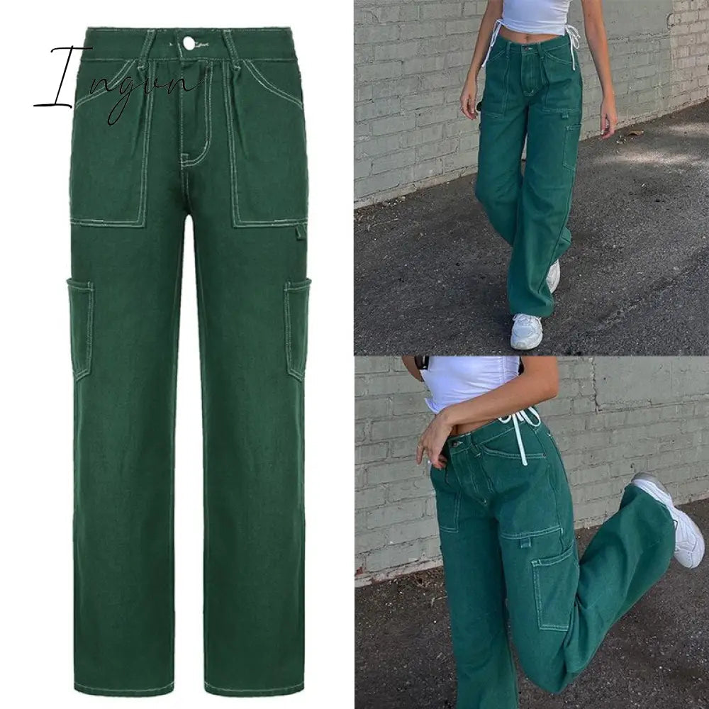 Ingvn - Women Spring Fashion Multi Pockets White Cargo Pants Women Adjustable Low Waist Baggy Wide Leg Jeans Oversized Casual Trousers Retro Bottoms Iamhotty