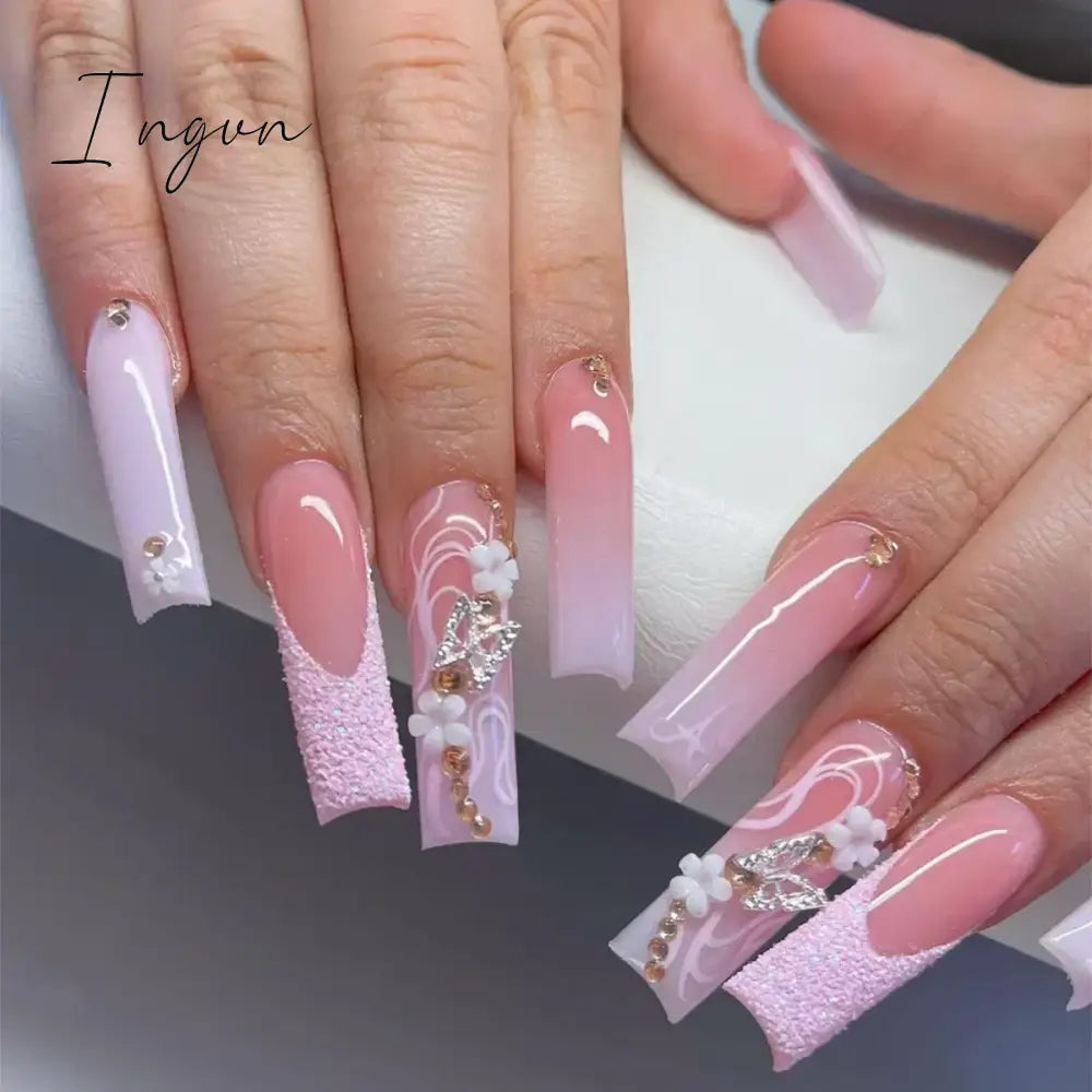 24pcs French rhinstones artifical nails with glue full cover false nails detachable coffin fake nail bling press on nails