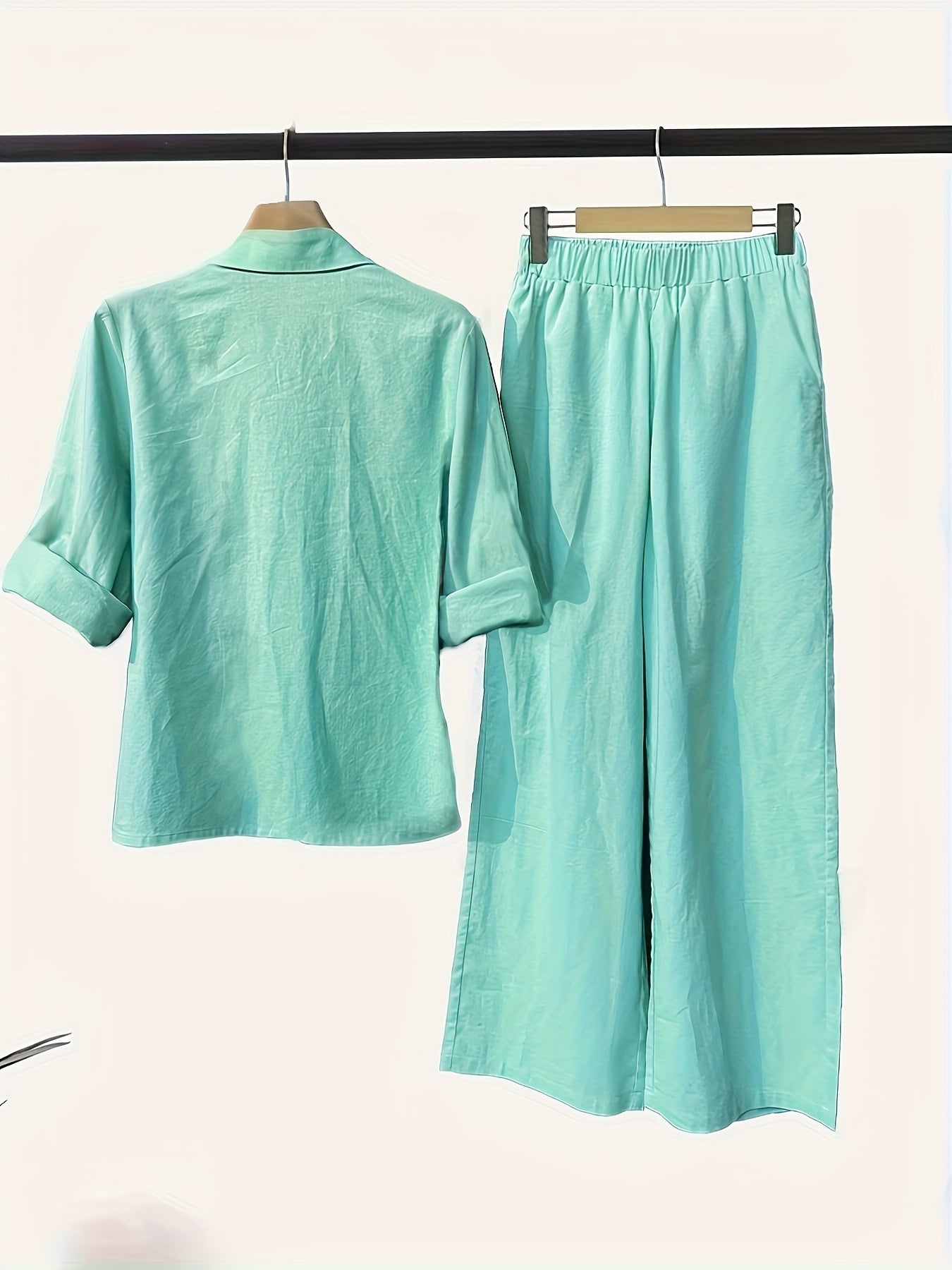 Two-Piece Solid Color Chic Pantsuit Set - Women's Casual Long Sleeve Shirt & Elastic Waist Pants Outfits with Comfortable Fabric and Versatile Style for Daily Wear