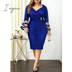 Ingvn - Plus Size Women Dresses Autumn Elegant Bright Silk Wedding Evening Birthday Party Dress V Neck Mesh Sleeve Club Outfits 8XL