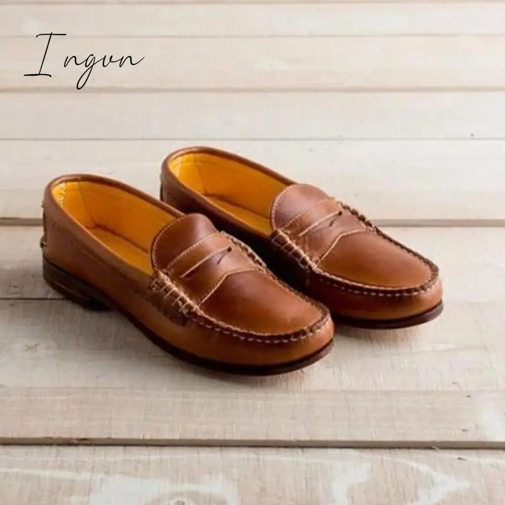 Ingvn - Women Vintage Slip On Loafers Low Heel Pu Leather Loafers
