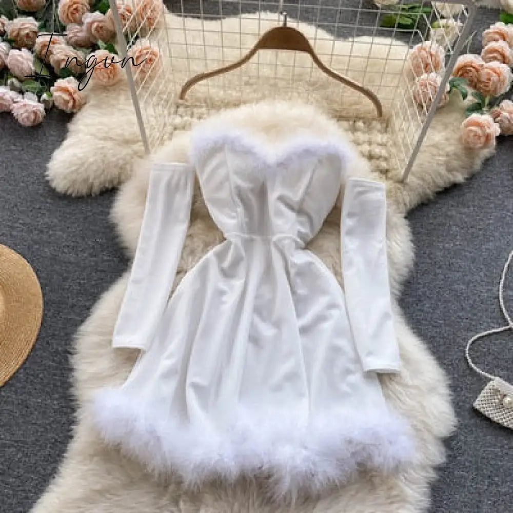 Ingvn - Gifts For Women Elegant Dress For New Year Strapless Backless Furry Sexy Short Mini Christmas Dress Navidad Red Party Dress Femme