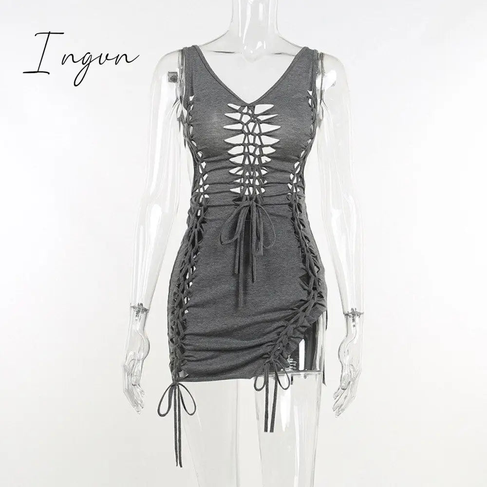 Ingvn - Dark Gray Hollow Out Mini Dress Sexy Drawstring Bandage Backless Summer Dresses for Women 2023 Birthday Party Clubwear