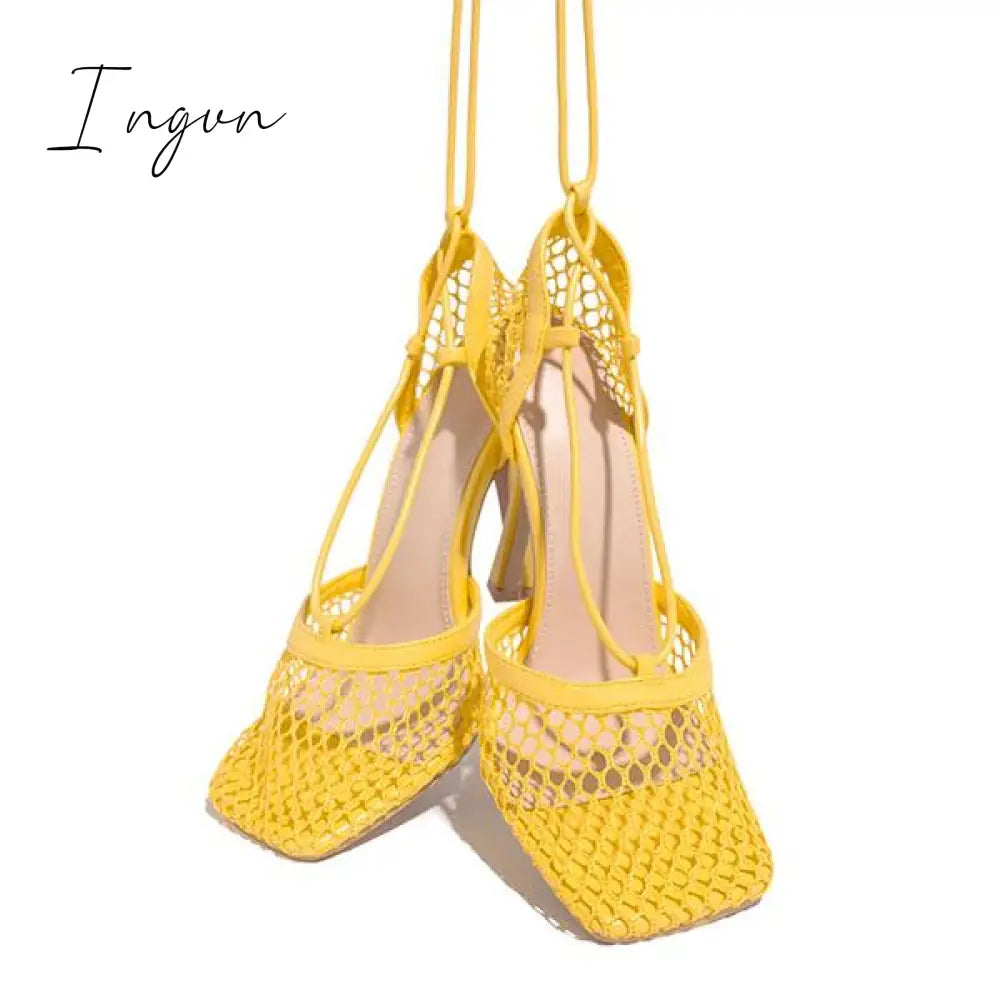 Ingvn - Fishnet Squared Toe Lace Up Heels