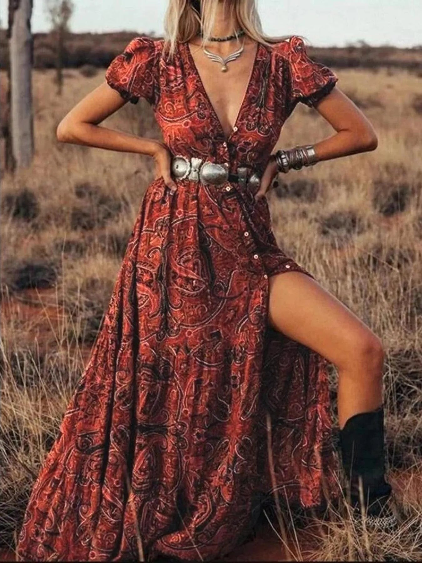 Full Size Printed Puff Sleeve Maxi Dress Plus Size