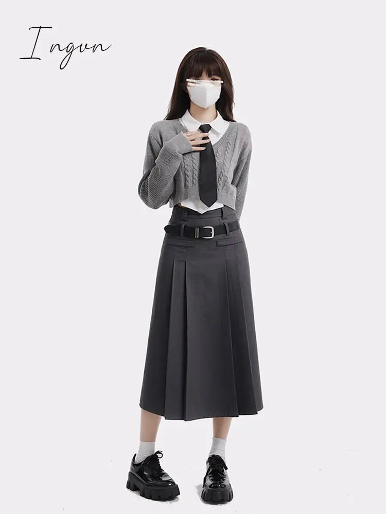 Ingvn - Women Harajuku Vintage 3 Pieces Set Women Grey Cardigan + A-line Pleated Skirt + White Shirt Preppy Style Three Piece Skirt Set