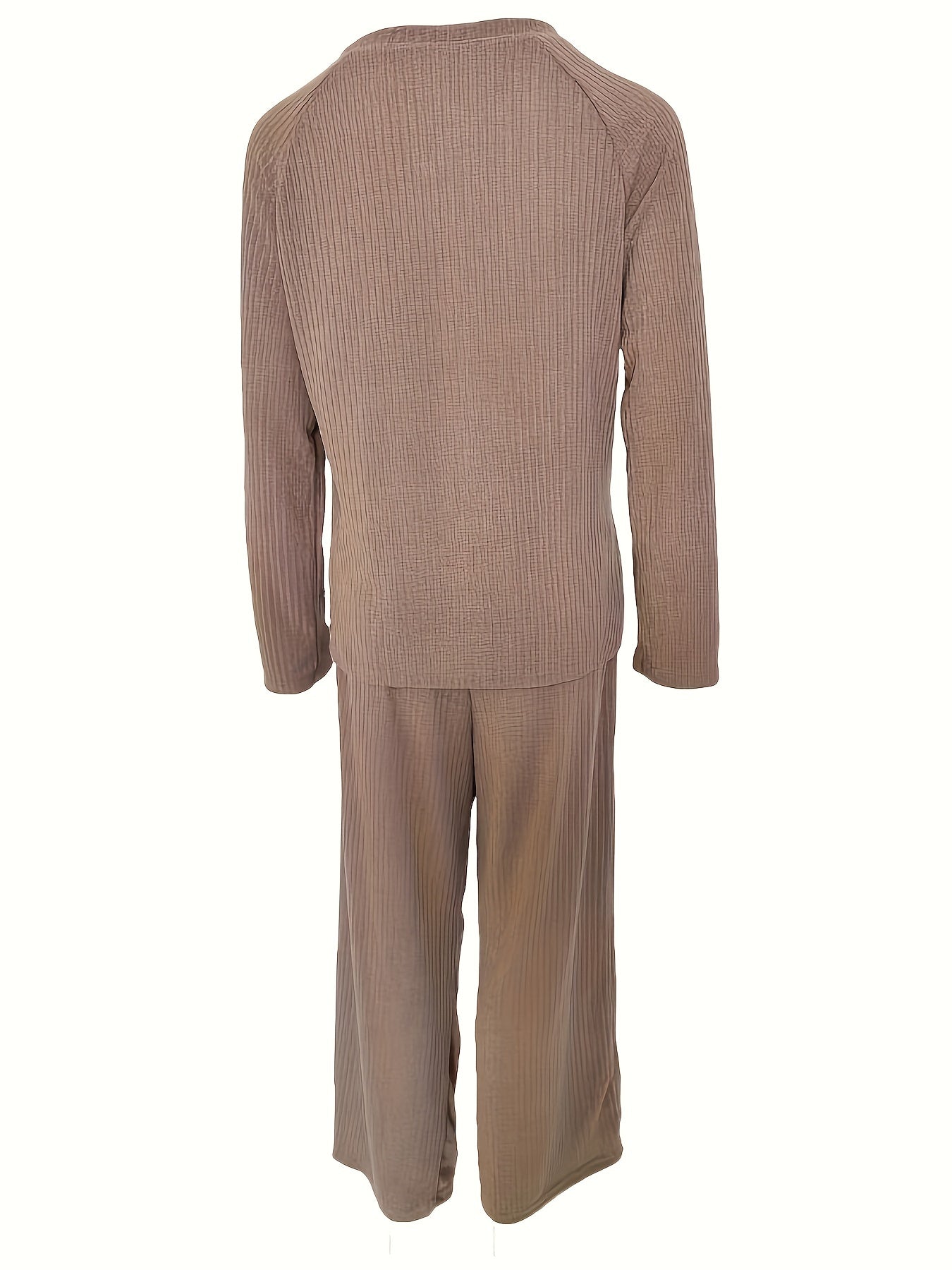 Plus Size Basic Lounge Set, Women's Plus Solid Long Sleeve Round Neck Ribbed Knit Split Top & Pants Home Wear 2 Piece Set