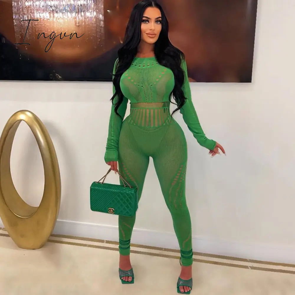 Ingvn - Hollow Out Knitted Mesh Jumpsuits Women Sexy See Through Long Sleeve Hipster Stretchy Skinny Overalls Clubwear Romper