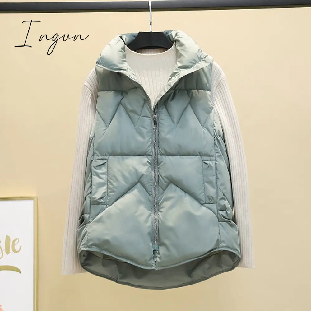 Ingvn - Autumn Winter Down Cotton Soild Women's Vest Short Style New Slim Fashion Stand-up Collar White Jacket Sleeveless Vest