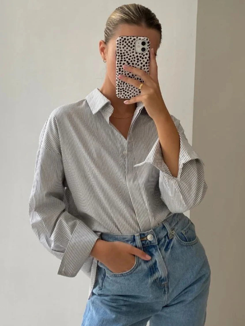 Ingvn  Chic Striped Women Shirt Loose 100% Cotton Shirts Tops Ladies Casual Lapel Oversized Lace Up Blouse Women Tops Blouse