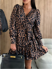 Women's Leopard Printed Dresses V-Neck Lace Up Bubble Long Sleeved Sexy Dress Elegant Dating Autumn Mini Dress