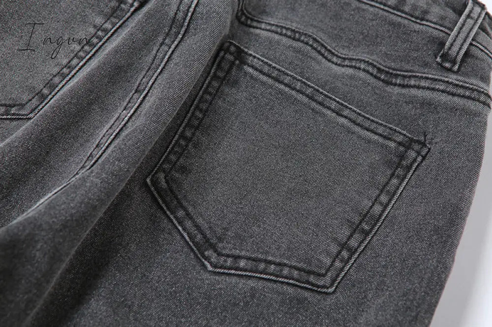 Ingvn - Grey Split Denim Stacked Pants Zip Up Baddie Style Streetwear Pencil Jeans For Women High Waist Bodycon Ruched Trousers