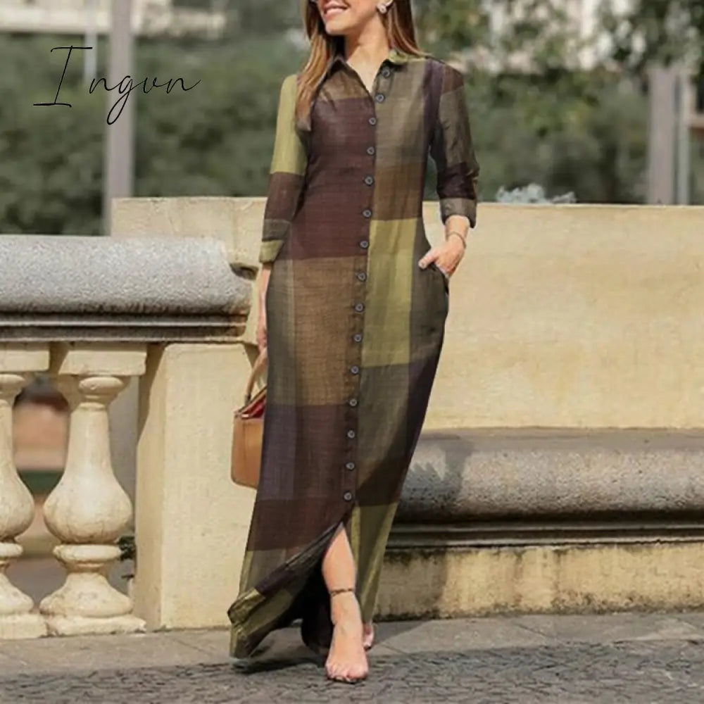 Ingvn - Fall Outfits Autumn Vintage Floral Printed Cotton Dress Women Casual Lapel Collar Button Up Dresses Bohemian Vestidos Long Robe