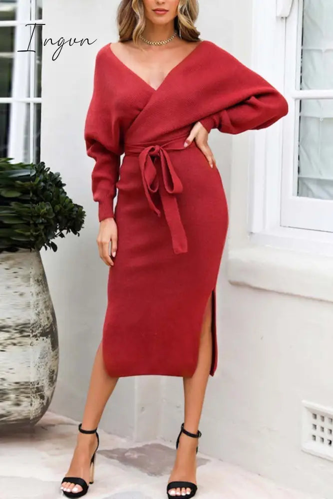 Ingvn -  V Neck Backless Sweater Dress(5 Colors)