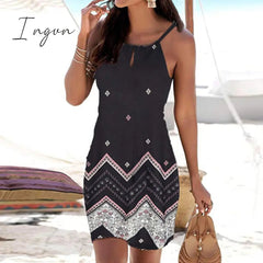 Ingvn - Women Halter Neck Boho Print Dresses Sleeveless Casual Mini Beachwear Dress Sundress Casual Daily Comfy Dress Dropshipping