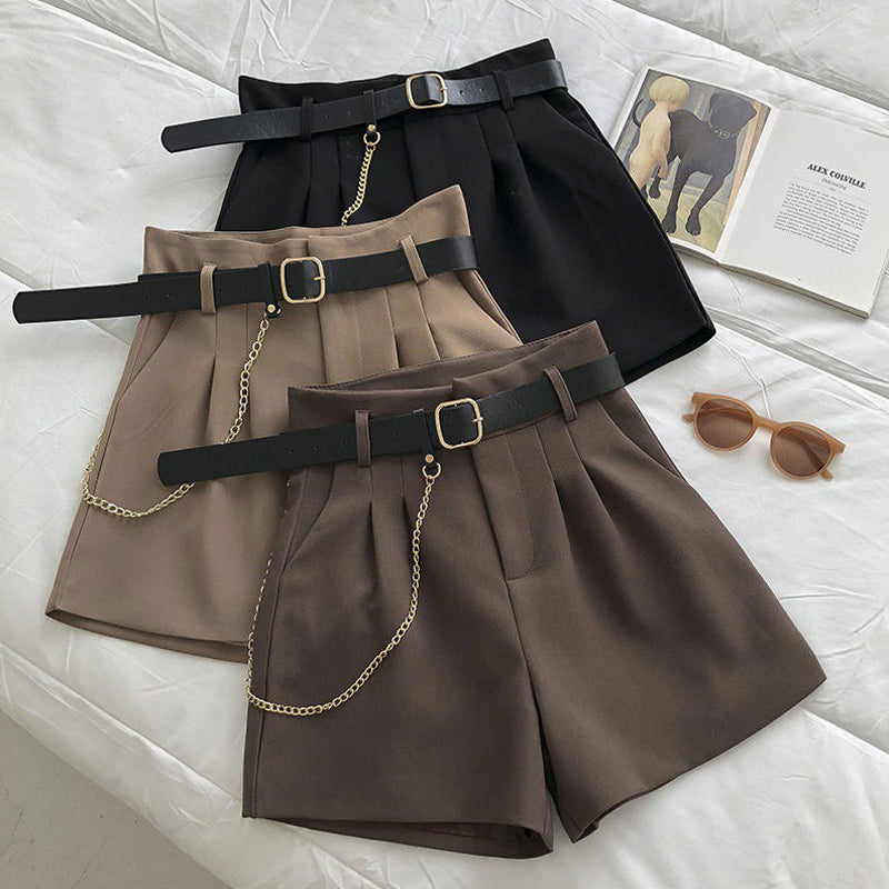 New Summer Women's Shorts Button Solid Color Pocket Casual High Waist Suit Shorts Casual Thin Women Clothing + Send Belt
