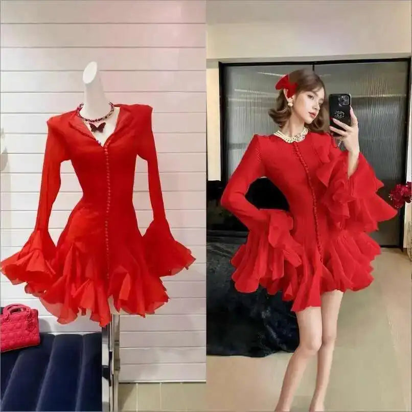 Luxury Long Sleeve Ruffles Short Dresses Women's Summer Holiday Single Breasted Gauze Prom Evening Party Cake Dress Lady Quality