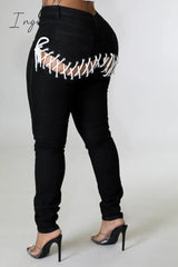 Ingvn - New Back Strap Elastic Bandage Jeans Women's  Skinny Ripped Jeans For Women