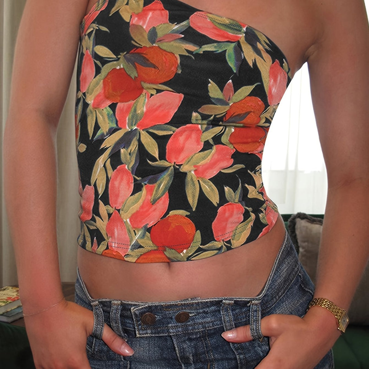 Stretchy Chic Floral Print Tube Top for Women - Backless Design, Polyester & Elastane Blend, Perfect for Spring/Summer/Fall