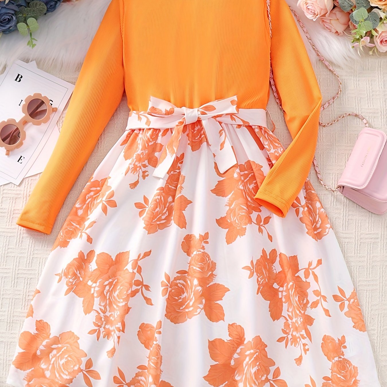 Adorable Floral Belted Dress for Girls - Long Sleeves, Round Neck, Splicing Design, Party-Perfect, Spring Collection, Kids' Clothing