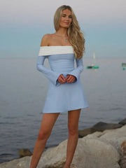 Off-shoulder Long Sleeve Mini Dress For Women Autumn Winter New Patchwork Strapless Backless A-line Sexy Dress Elegant