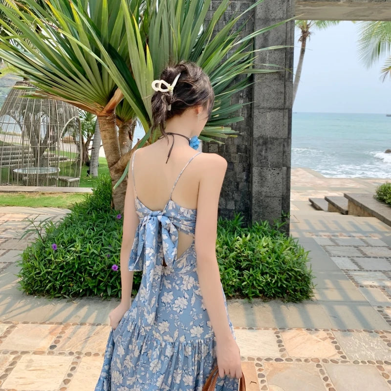 New Summer Long Print Dress for Women Strap Sleeveless Sweet Elastick Holiday Beach Casual Dresses Female Clothing