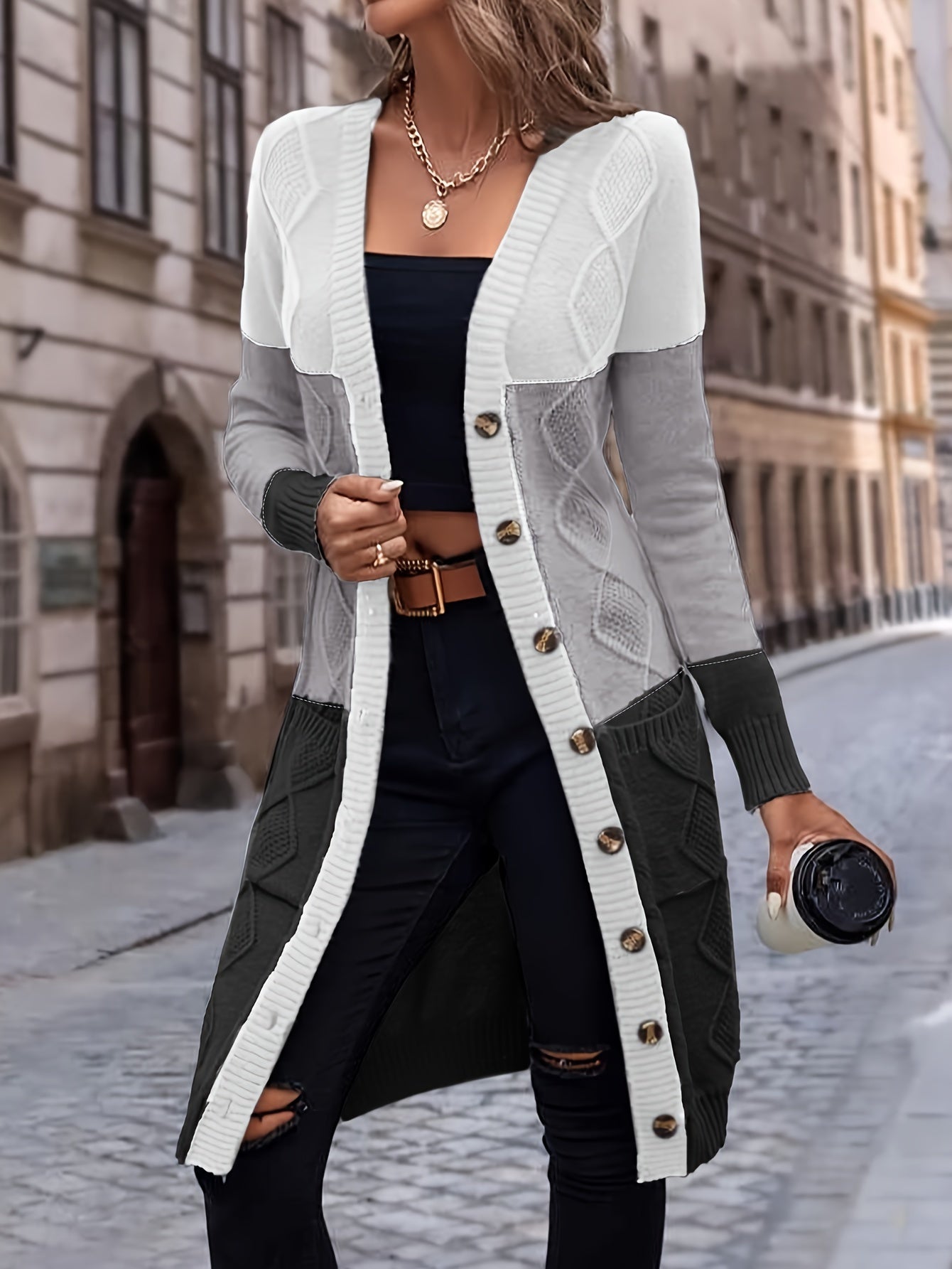 Womens Color Block Cardigan Sweater - Soft Knit, Button Up, Long Sleeve with Pockets - Stylish Casual Wear for Everyday