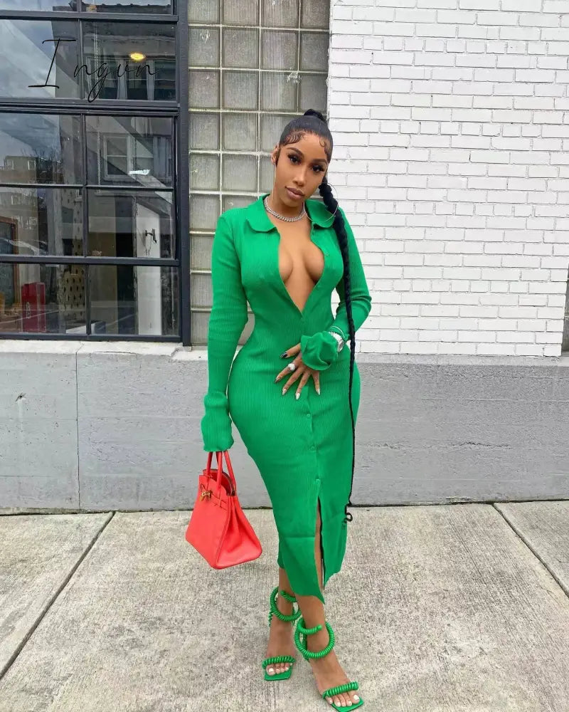 Ingvn - Womens Fashion Long Sleeve Knitted Button Midi Dress Turn Down Collar Slim Sexy Dresses Autumn Ribbed Robe Women Clothing Vestidos